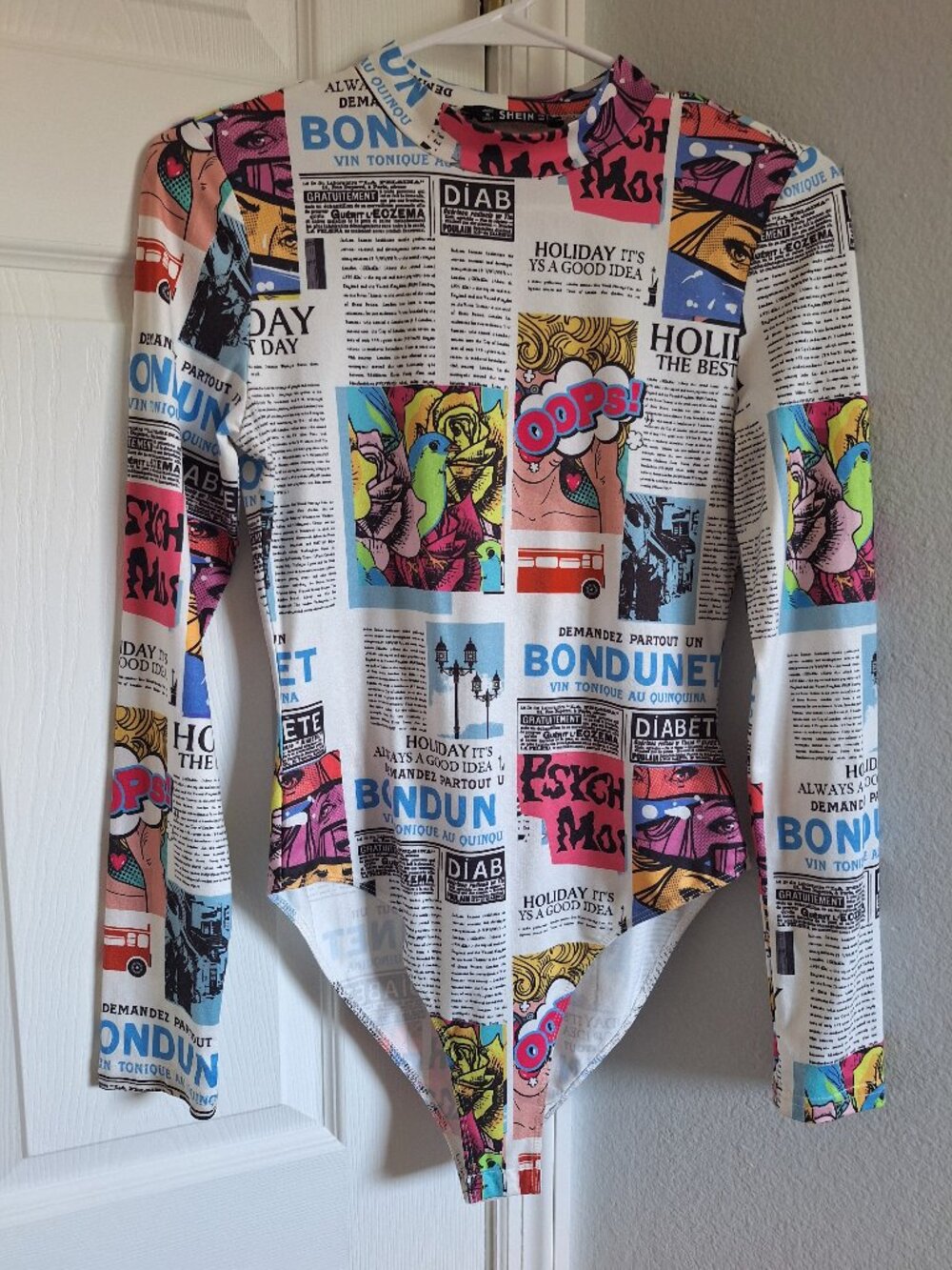 SHEIN Pop Art Newspaper Print Bodysuit Mock Neck Long Sleeve Multicolor